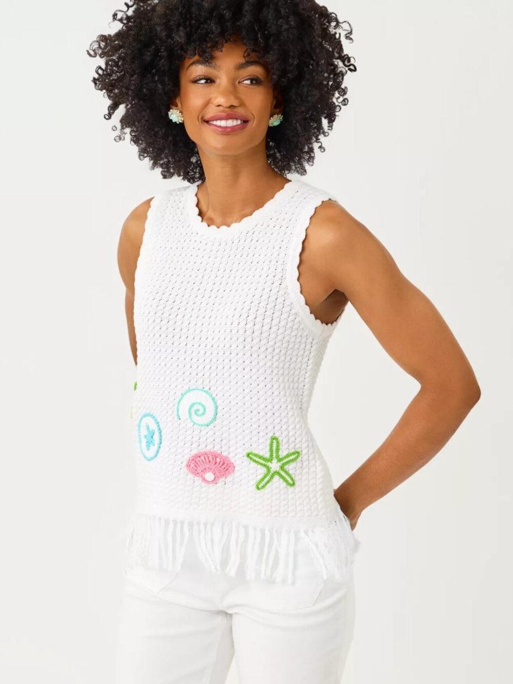 NWT Lilly Pulitzer Roe Crochet Sweater Shell Tank, White Starfish Embroidery, S